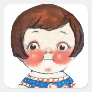 Adesivo Quadrado Boneca de Papel de Arte Vintage. Bonita boneca de