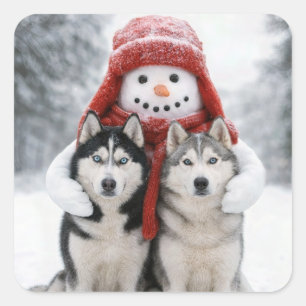 Adesivo Quadrado Boneco de Neve Abraçando Cães Husky Siberiano