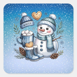 Adesivo Quadrado Boneco de Neve Aconchegante de Inverno