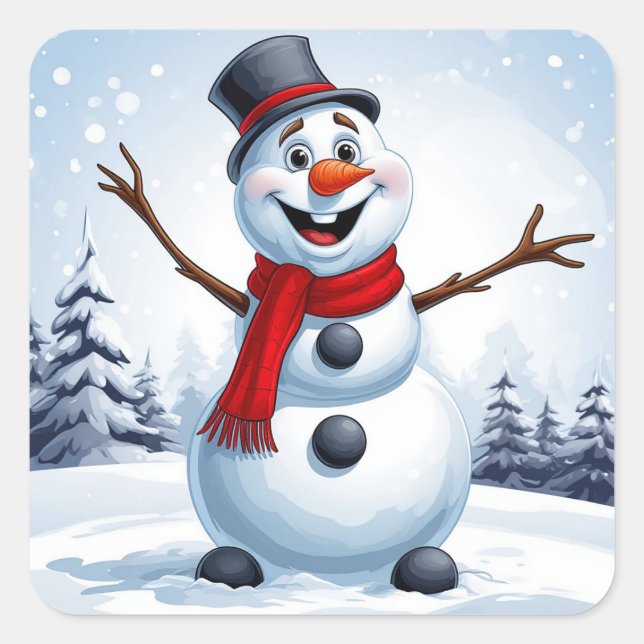 Adesivo Quadrado Boneco de Neve Alegre Decoração de Férias de Natal (Frente)