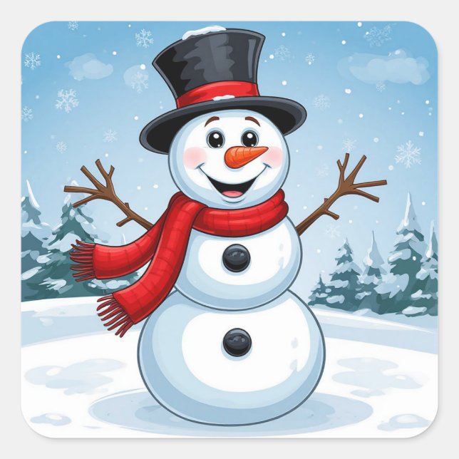 Adesivo Quadrado Boneco de Neve Alegre Decoração de Férias de Natal (Frente)