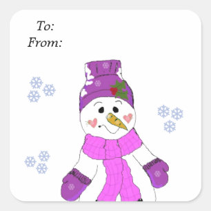 Adesivo Quadrado Boneco de Neve com Chapéu Roxo e Cachecol