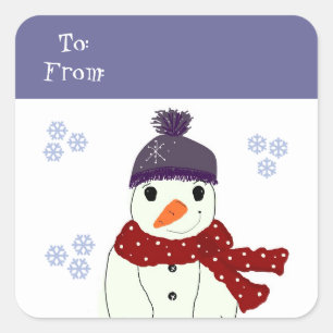 Adesivo Quadrado Boneco de Neve com Chapéu Roxo e Cachecol Vermelho