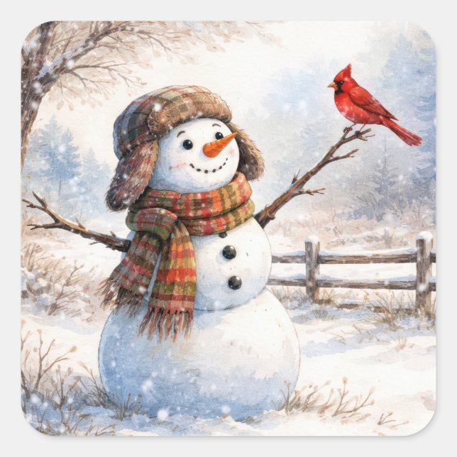 Adesivo Quadrado Boneco de Neve Com Pássaro Cardinal Vermelho (Frente)
