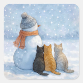Adesivo Quadrado Boneco de Neve Com Três Gatos Em Um Campo Nevado