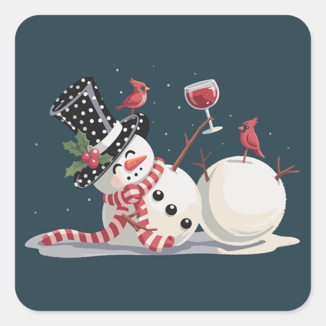 Adesivo Quadrado Boneco de Neve de Natal com Presente de Vinho Bebe (Frente)