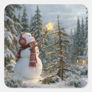 Adesivo Quadrado Boneco de Neve de Natal Decorando uma Árvore de Pi