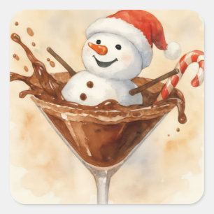 Adesivo Quadrado Boneco de Neve de Natal em um Martini de Chocolate