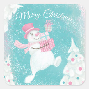 Adesivo Quadrado Boneco de neve de Natal fofo rosa e menta
