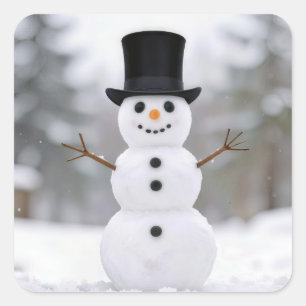 Adesivo Quadrado Boneco de Neve Feliz Usando um Chapéu-Coco