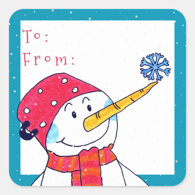 Adesivo Quadrado Boneco de Neve Fofo com Presente de Natal de Floco (Frente)