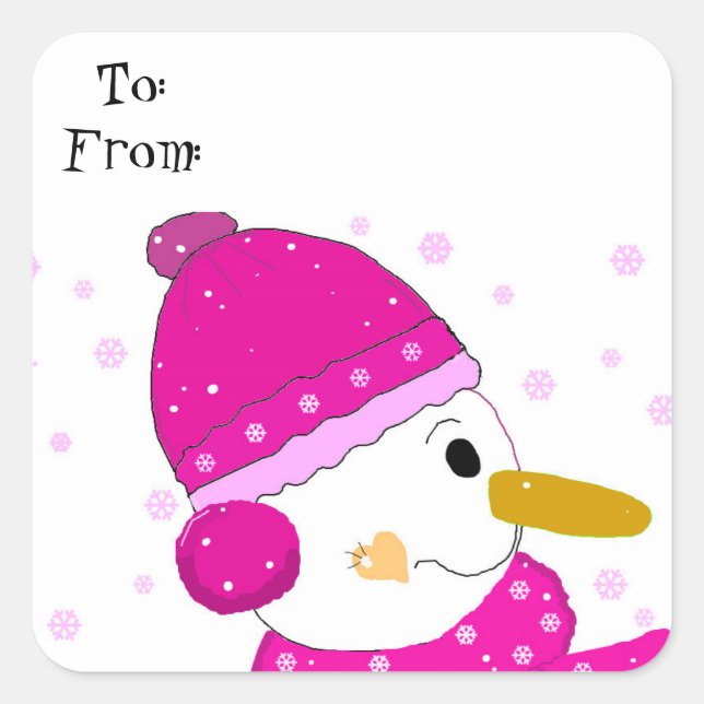 Adesivo Quadrado Boneco de Neve Fofo de Rosa (Frente)
