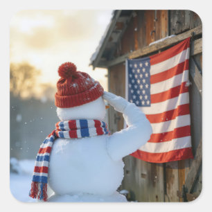 Adesivo Quadrado Boneco de Neve Saudando uma Bandeira Americana