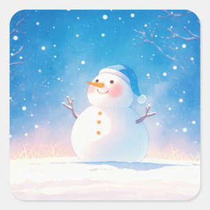 Adesivo Quadrado Boneco de Neve Sorridente com Touca Azul em Noite 