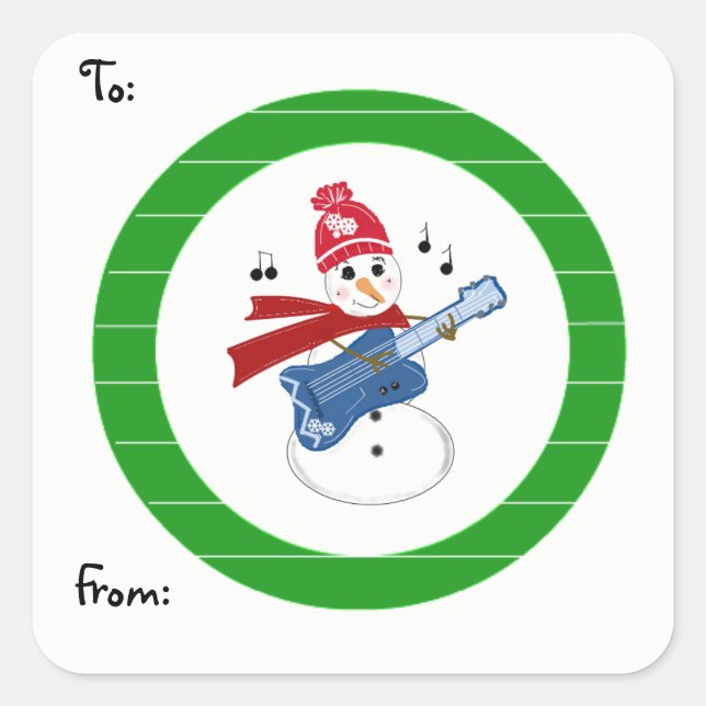 Adesivo Quadrado Boneco de Neve Tocando Guitarra Rock (Frente)