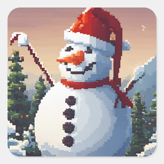 Adesivo Quadrado Bonhomme de neige en pixel art (Frente)