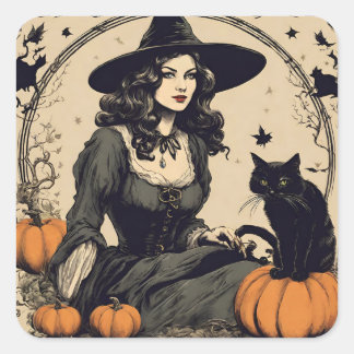 Adesivo Quadrado Bonita Bruxa de Halloween Vintage com Gato Negro