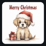 Adesivo Quadrado Bonita Cachorro Vestindo um Natal Feliz Natal<br><div class="desc">Bonita Cachorro Vestindo um Vinheta de Natal Feliz Chapéu</div>