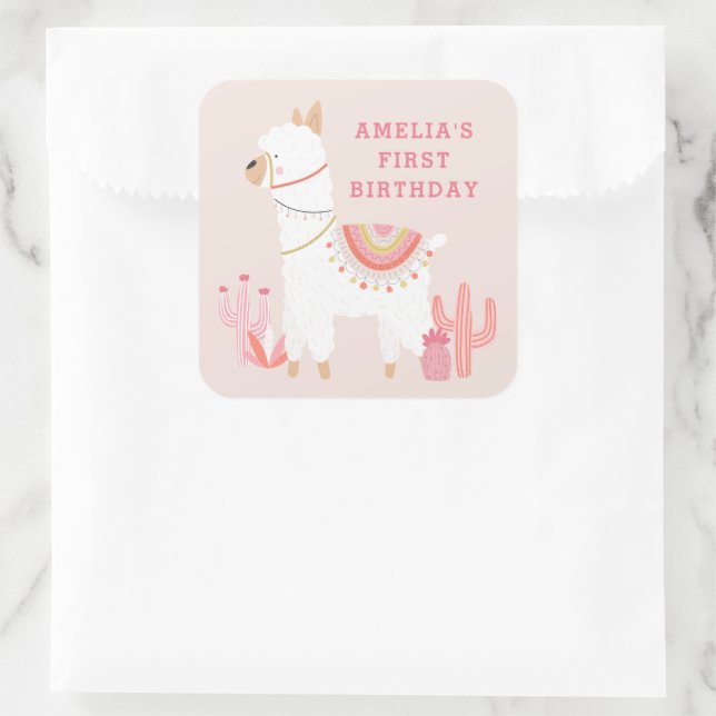 Adesivo Quadrado Bonita festa rosa do primeiro aniversario Llama (Bolsa)
