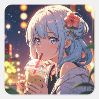 Adesivo Quadrado Bonita Garota de Animação Vestida - Boba Tea Lover