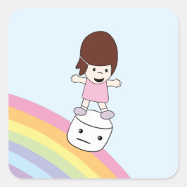 Adesivo Quadrado Bonita garota de desenho no Rainbow w Marshmallow 