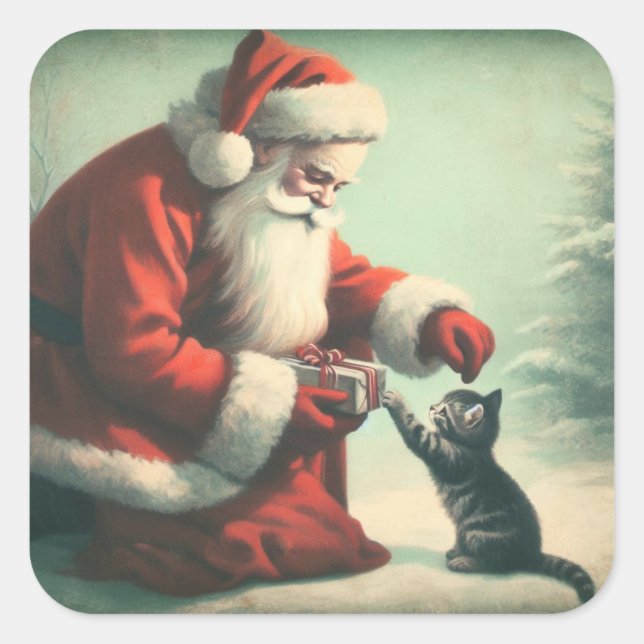Adesivo Quadrado Bonita Vintage Papai Noel com Kitten (Frente)