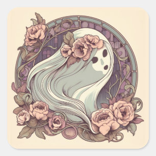 Adesivo Quadrado Bonito Art Nouveau Ghost com Flores Spooky