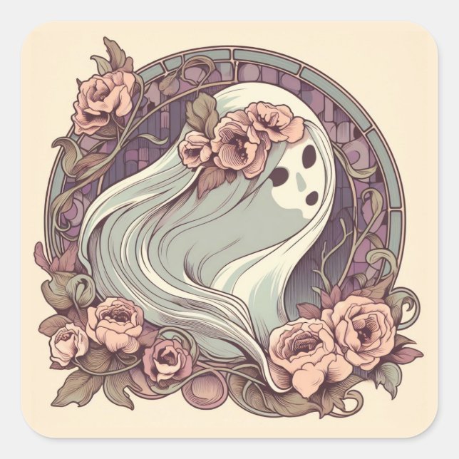 Adesivo Quadrado Bonito Art Nouveau Ghost com Flores Spooky (Frente)