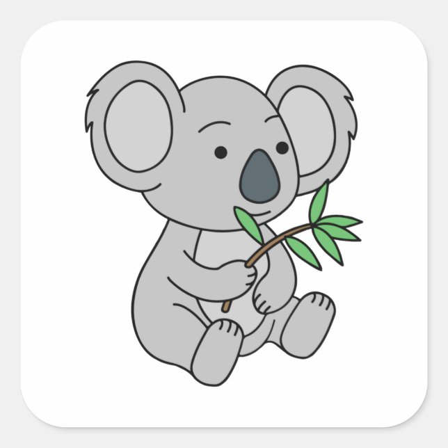 Adesivo Quadrado Bonito Bebê Koala Com Folhas De Eucalyptus (Frente)