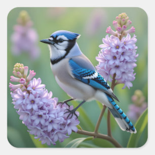 Adesivo Quadrado Bonito Blue Jay em pé nas filiais do Lilac