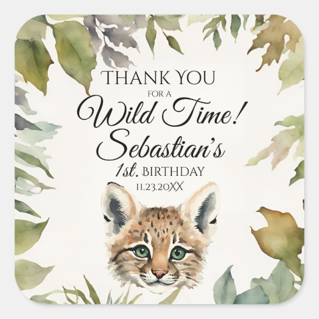 Adesivo Quadrado Bonito Bobcat Woodland Obrigado Aniversário (Frente)