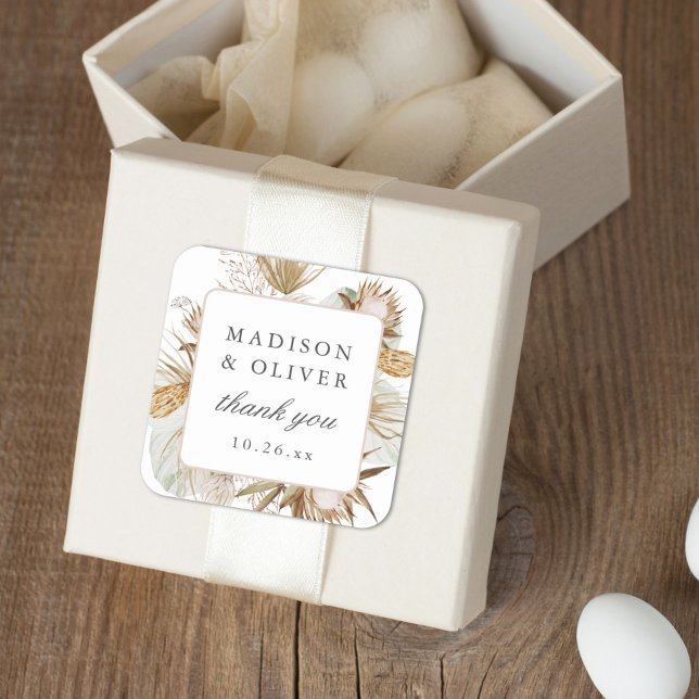 Adesivo Quadrado Bonito Boho Botânico, Favor do Casamento Branco (Criador carregado)