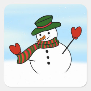 Adesivo Quadrado Bonito cartoon Snowman com Chapéu Verde e Mittens