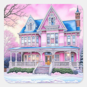Adesivo Quadrado Bonito Casa Vitoriana Rosa na Hora de Natal