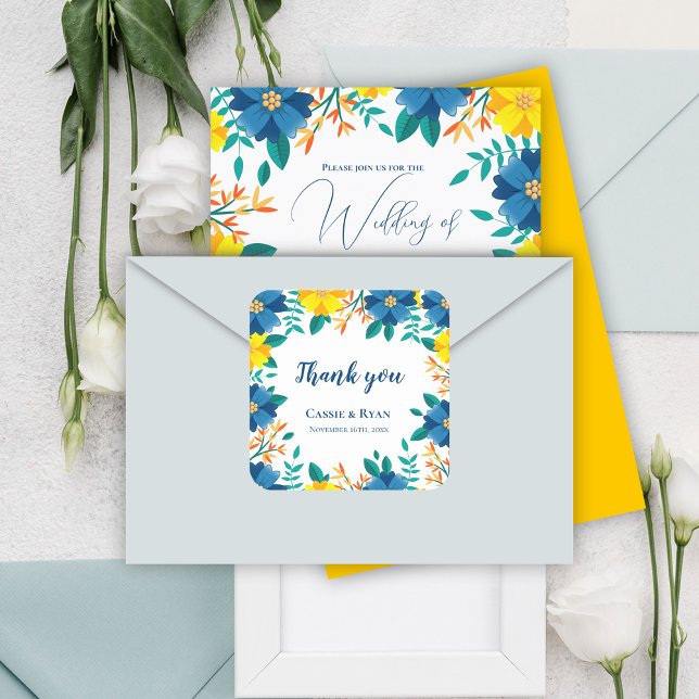 Adesivo Quadrado Bonito Casamento Floral Azul e Amarelo Obrigado (Pretty Blue and Yellow Floral Wedding Thank you Square Sticker)