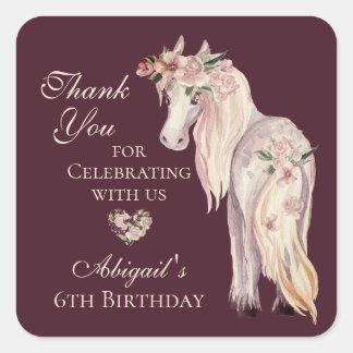 Adesivo Quadrado Bonito Cavalo e Flores Pony Obrigado Aniversário