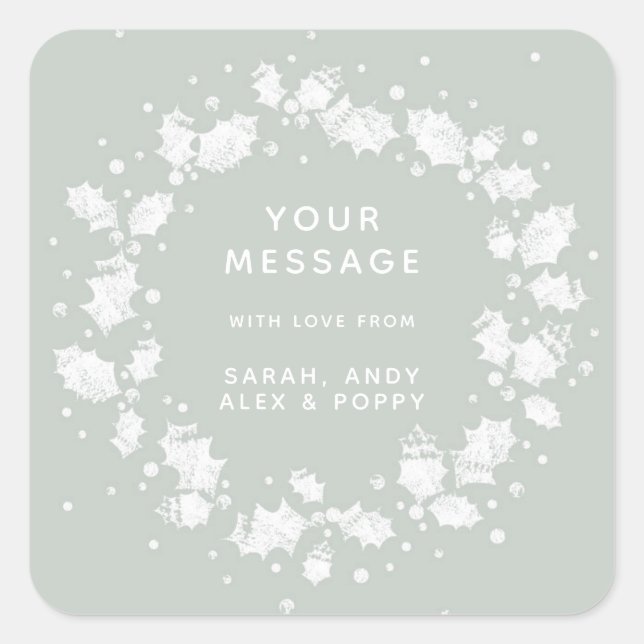 Adesivo Quadrado Bonito Cinza Verde, Holly Wreath, Natal Personaliz (Frente)