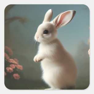 Adesivo Quadrado Bonito coelho branco e Rosas