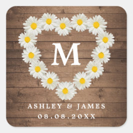 Adesivo Quadrado Bonito Daisies Monograma Casamento Madeira Rústica