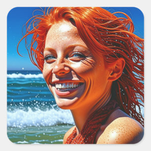 Adesivo Quadrado Bonito dama de cabelo vermelho na praia ai art