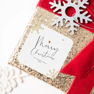 Adesivo Quadrado Bonito Elegante Dourado Floco de Neve Feliz Natal