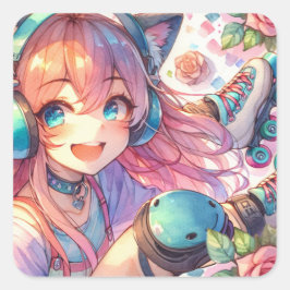 Adesivo Quadrado Bonito garota de animação na Festa de aniversário 