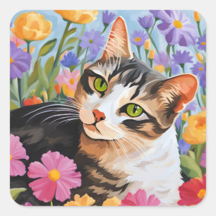 Adesivo Quadrado Bonito gato com flores
