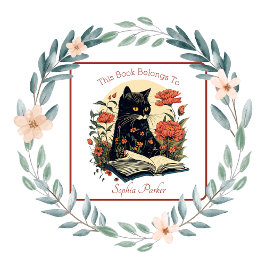 Adesivo Quadrado Bonito Gato Preto com Livro Floral