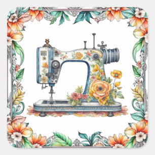 Adesivo Quadrado Bonito Máquina Floral de Vintagem e Flores