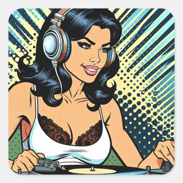 Adesivo Quadrado Bonito Mulher Deejay Jamming Pop Art (Frente)