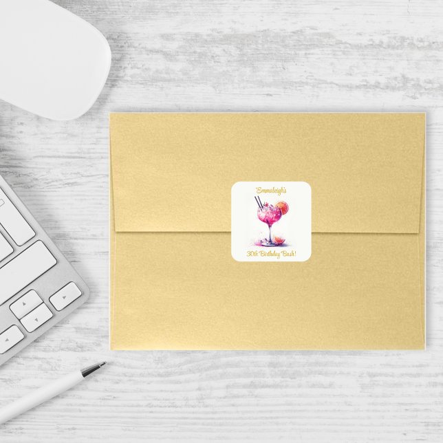 Adesivo Quadrado Bonito no aniversário de coquetel cor-de-rosa (Criador carregado)