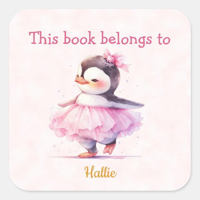 Adesivo Quadrado Bonito Penguin Ballerina Bookplate (Frente)