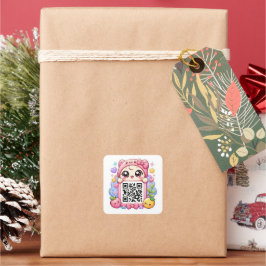 Adesivo Quadrado Bonito Personagem de Código QR Rosa Kawaii Floral