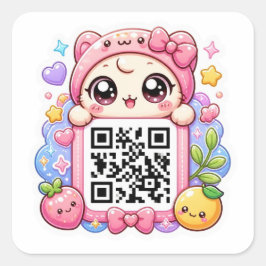 Adesivo Quadrado Bonito Personagem de Código QR Rosa Kawaii Floral